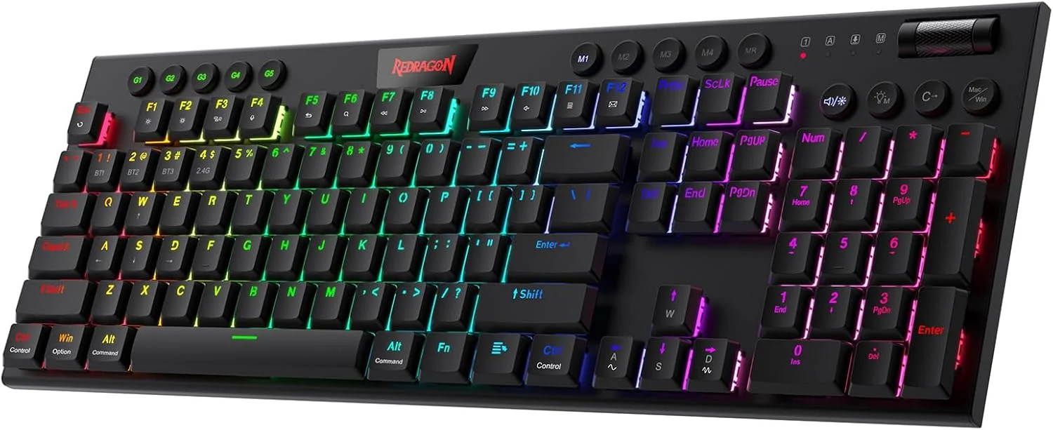 کیبورد مکانیکی گیمینگ بی سیم RGB رداگون K618 Horus، بلوتوث/2.4 گیگاهرتز/سیمی سه حالته فوق العاده نازک با پروفایل پایین، دارای کنترل رسانه اختصاصی و سوییچ قرمز خطی بدون تاخیر کیبورد مکانیکی گیمینگ بی سیم RGB رداگون K618 Horus، بلوتوث/2.4 گیگاهرتز/سیمی سه حالته فوق العاده نازک با پروفایل پایین، دارای کنترل رسانه اختصاصی و سوییچ قرمز خطی بدون تاخیر
