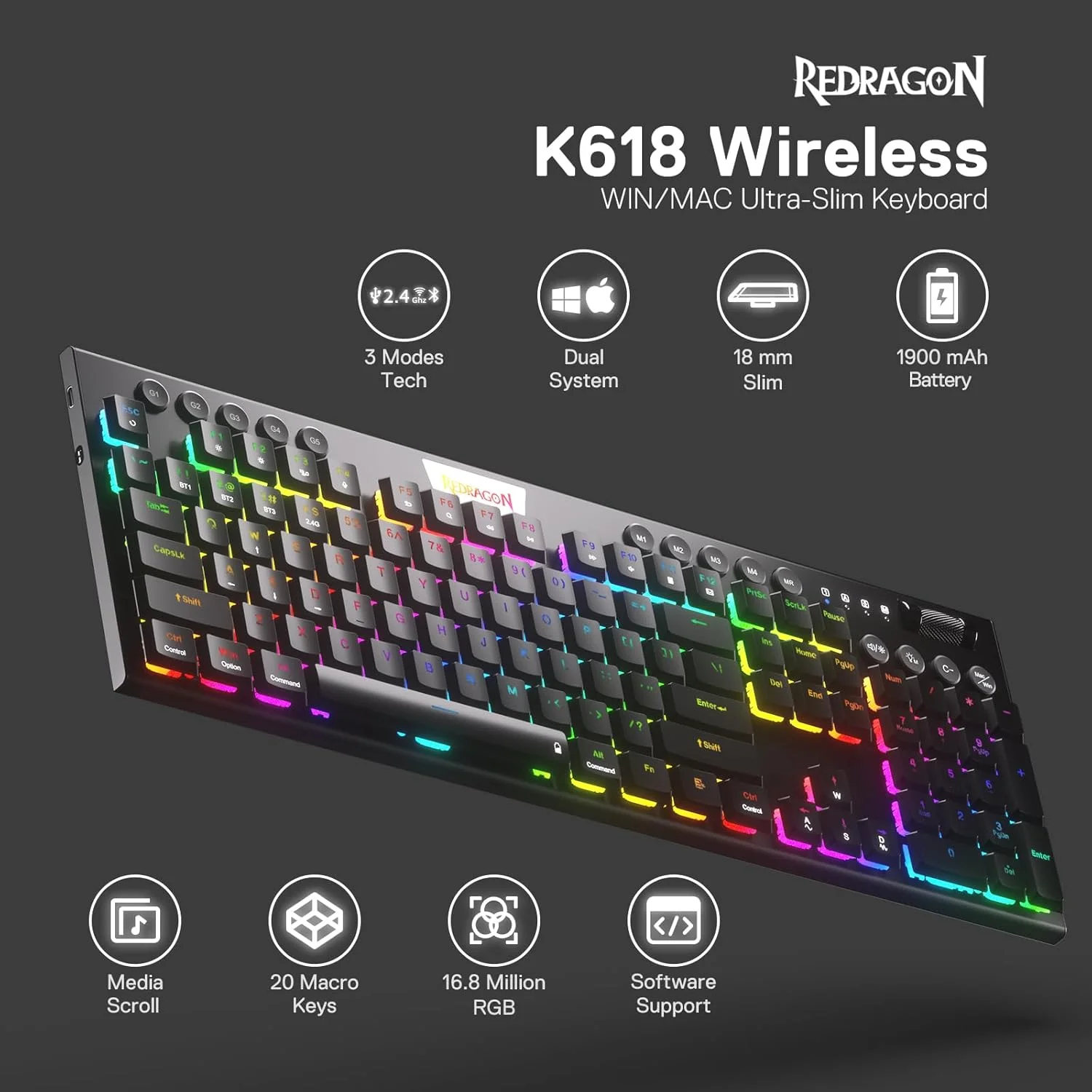 کیبورد مکانیکی گیمینگ بی سیم RGB رداگون K618 Horus، بلوتوث/2.4 گیگاهرتز/سیمی سه حالته فوق العاده نازک با پروفایل پایین، دارای کنترل رسانه اختصاصی و سوییچ قرمز خطی بدون تاخیر