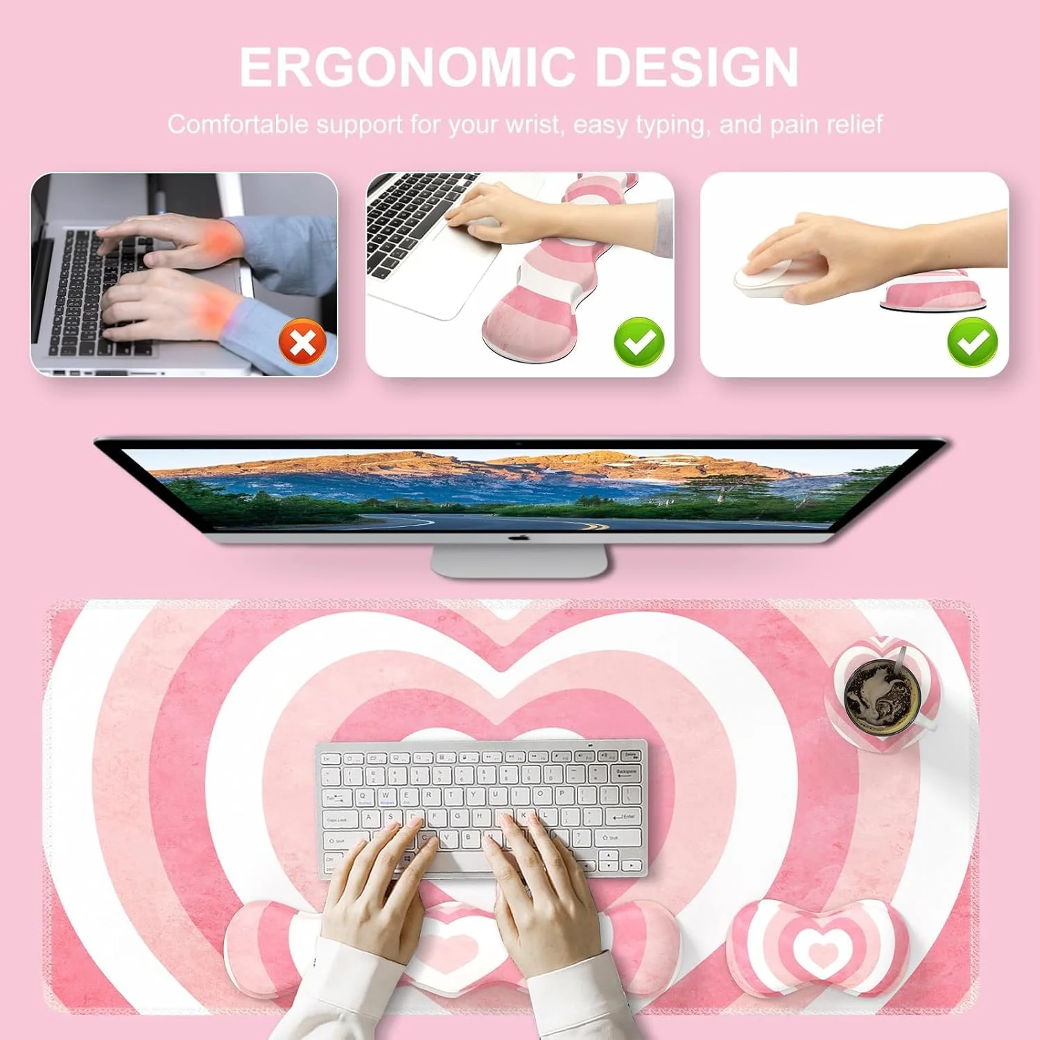 ست پد ماوس و کیبورد iLeadon، پد ماوس بزرگ گیمینگ + استراحت مچ دست کیبورد + پد ماوس با پشتیبانی مچ دست + زیر لیوانی، تسکین درد تایپ آسان، ست زیرانداز رومیزی، هدایای روز ولنتاین برای او، قلب صورتی ست پد ماوس و کیبورد iLeadon، پد ماوس بزرگ گیمینگ + استراحت مچ دست کیبورد + پد ماوس با پشتیبانی مچ دست + زیر لیوانی، تسکین درد تایپ آسان، ست زیرانداز رومیزی، هدایای روز ولنتاین برای او، قلب صورتی