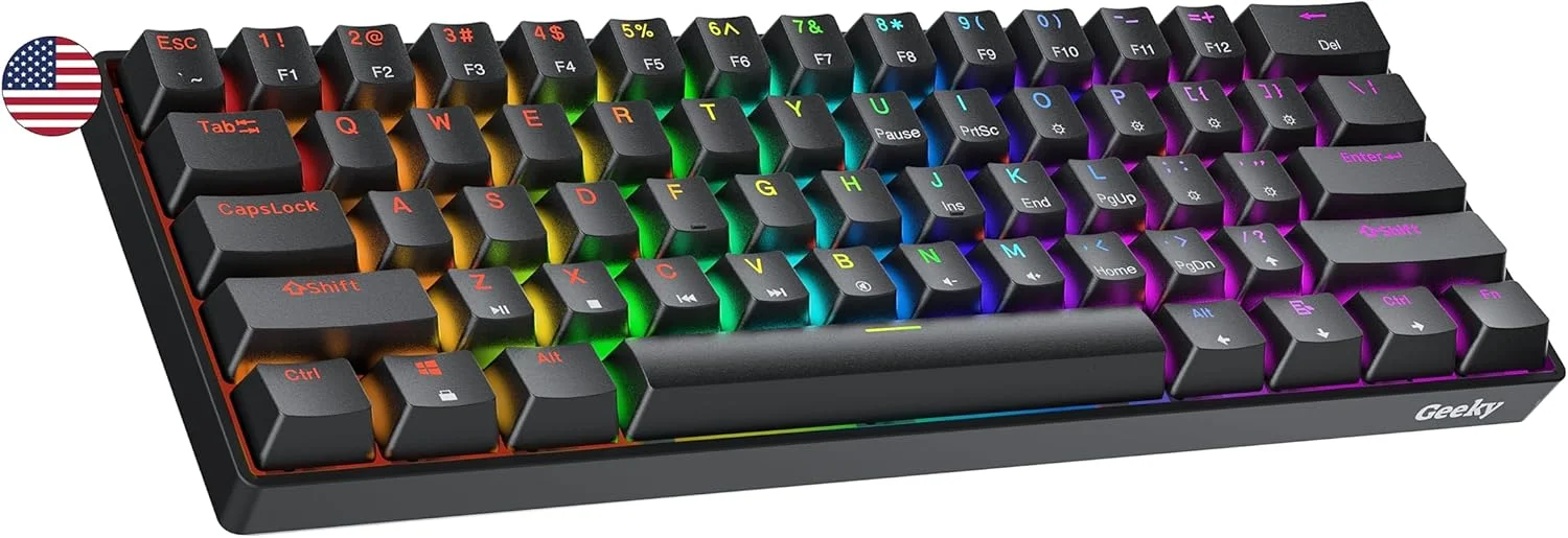کیبورد گیمینگ مکانیکی 60% Geeky GK61 | دارای قابلیت تعویض سریع سوییچ | 61 کلید با نور پس زمینه RGB چند رنگ برای گیمرهای PC/Mac | طرح بندی ANSI US American (مشکی، سوییچ مکانیکی Speed Silver)