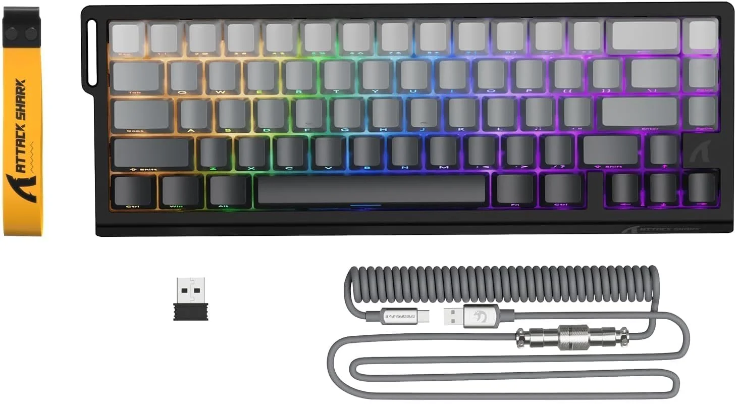 کیبورد گیمینگ بی‌سیم ATTACK SHARK X68PRO HE با قابلیت Rapid Trigger، دقت 0.01 میلی‌متر RT، نرخ 8000 هرتز، فعال‌سازی قابل تنظیم، Snap Tap، نور پس‌زمینه RGB، سوئیچ مغناطیسی، کابل فنری C01 - گرادیان مشکی