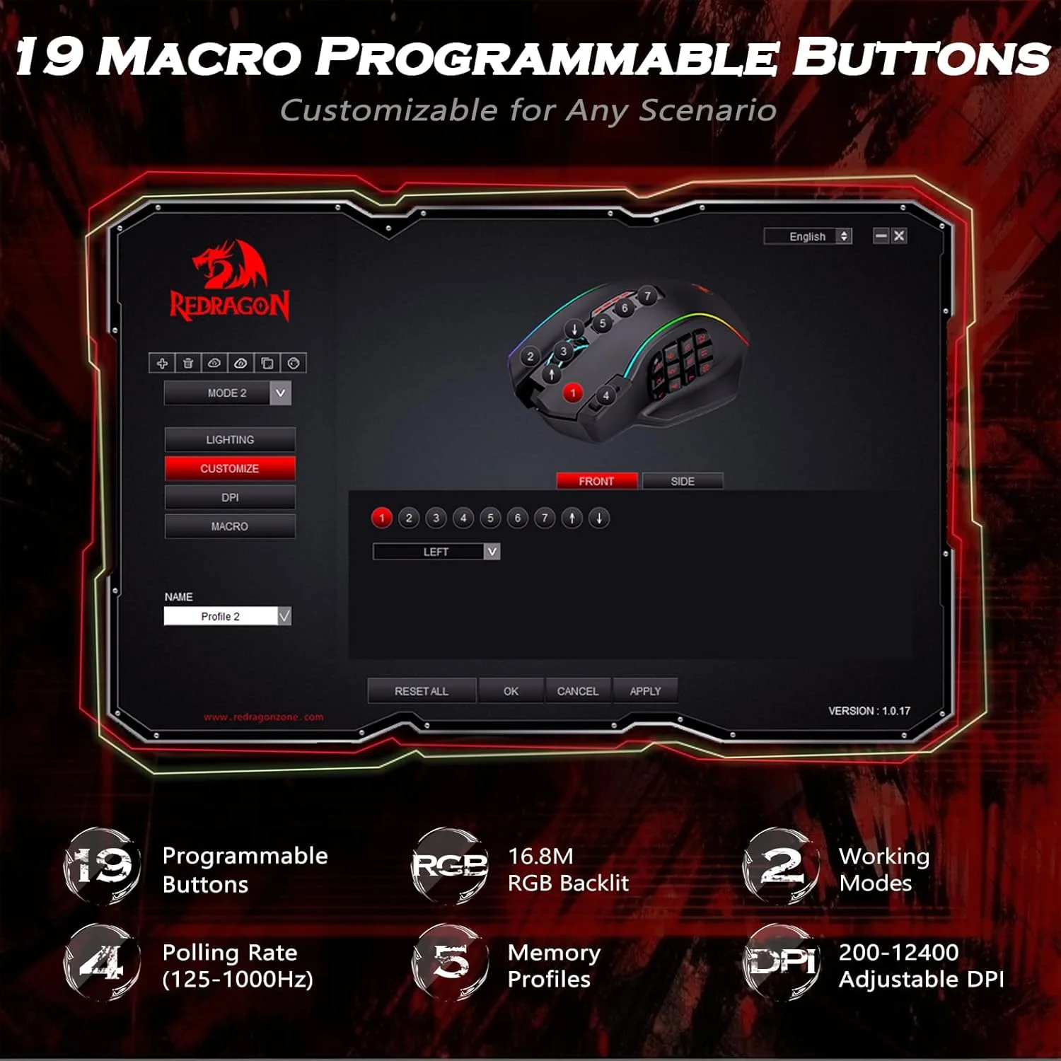 موس گیمینگ سیم دار رداگون M901 MMO RGB با نور پس زمینه LED، دقت 12400 DPI مدل Perdition با 18 دکمه قابل برنامه ریزی و تنظیم وزن برای بازی های کامپیوتری ویندوز (مشکی) موس گیمینگ سیم دار رداگون M901 MMO RGB با نور پس زمینه LED، دقت 12400 DPI مدل Perdition با 18 دکمه قابل برنامه ریزی و تنظیم وزن برای بازی های کامپیوتری ویندوز (مشکی)