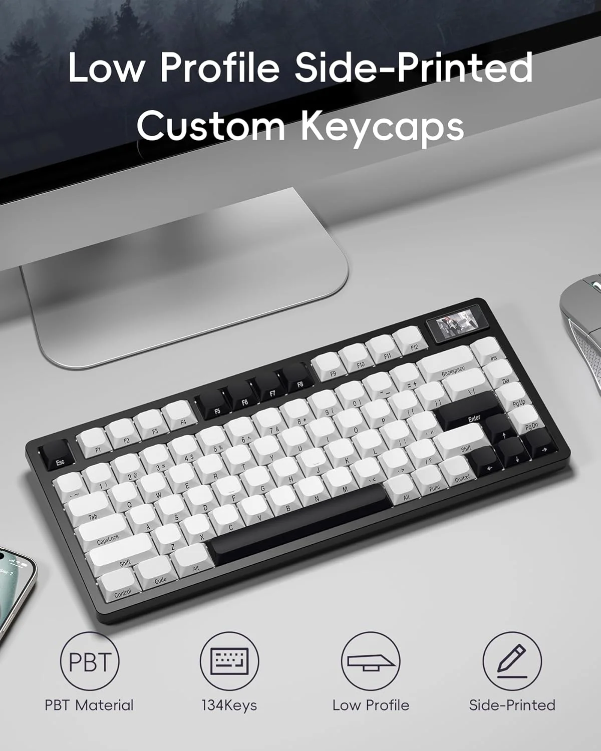 کلاهک کلید OHY XVX - کلاهک های کلید کم ارتفاع 134 کلید چاپ جانبی PBT صفحه کلید سفارشی بازی کلاهک های کلید سفید، مجموعه کامل کلاهک های کلید برای سوئیچ های Cherry Gateron MX صفحه کلید مکانیکی - سفید