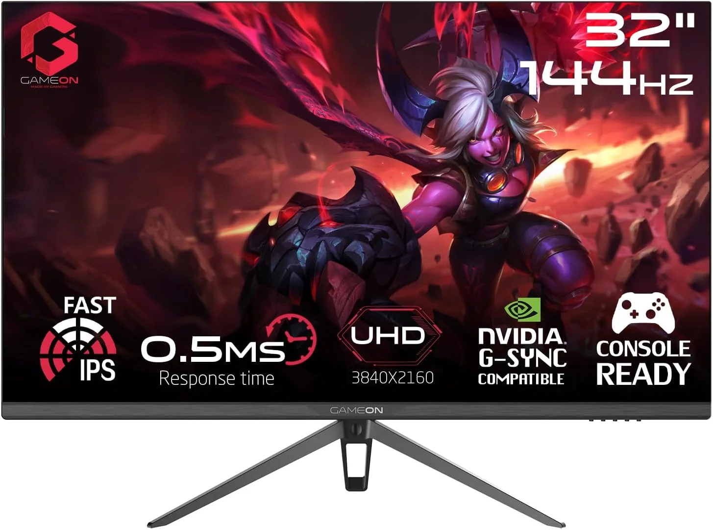 مانیتور گیمینگ 32 اینچ مشکی GAMEON GOP32UHD144IPS سری Premium، پنل 4K UHD Fast IPS با رزولوشن 3840x2160p، نرخ تازه سازی 144 هرتز، زمان پاسخگویی 0.5 میلی ثانیه، HDMI 2.1، G-Sync و Freesync، پشتیبانی از HDR، PS5