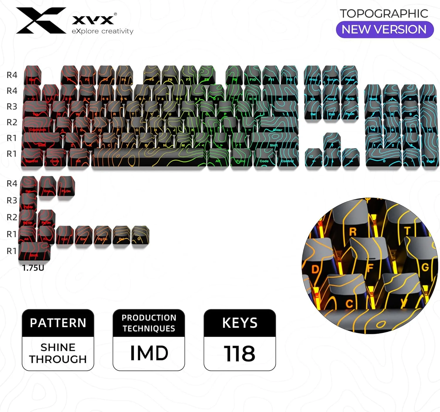 کلیدهای کیبورد XVX با طرح توپوگرافی مشکی و نور پس زمینه، ست کلیدهای گیمینگ با پروفایل OEM، کلیدهای جانبی مناسب برای کیبوردهای مکانیکی 60% 65% 75% 80% 96% 100% با سوئیچ MX کلیدهای کیبورد XVX با طرح توپوگرافی مشکی و نور پس زمینه، ست کلیدهای گیمینگ با پروفایل OEM، کلیدهای جانبی مناسب برای کیبوردهای مکانیکی 60% 65% 75% 80% 96% 100% با سوئیچ MX