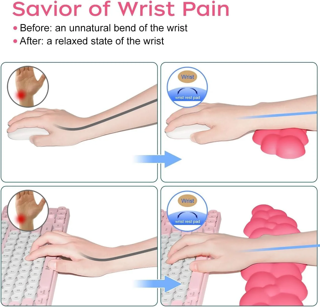 پد مچی کیبورد، پد مچی ابری با پایه PU ضد لغزش، پد مچی فوم حافظه دار راحت برای کامپیوتر لپ تاپ بازی اداری و تسکین درد هدیه آرزو (صورتی، ست 2 عددی)