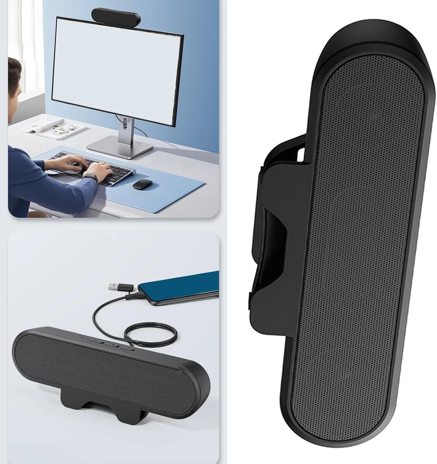 اسپیکر کامپیوتر USB Bewinner با گیره، صدای استریو 10 واتی، کنترل صدا، اتصال آسان، نوار صوتی رومیزی برای مانیتور لپ تاپ PC، مشکی، سیمی، سازگار با USB-C