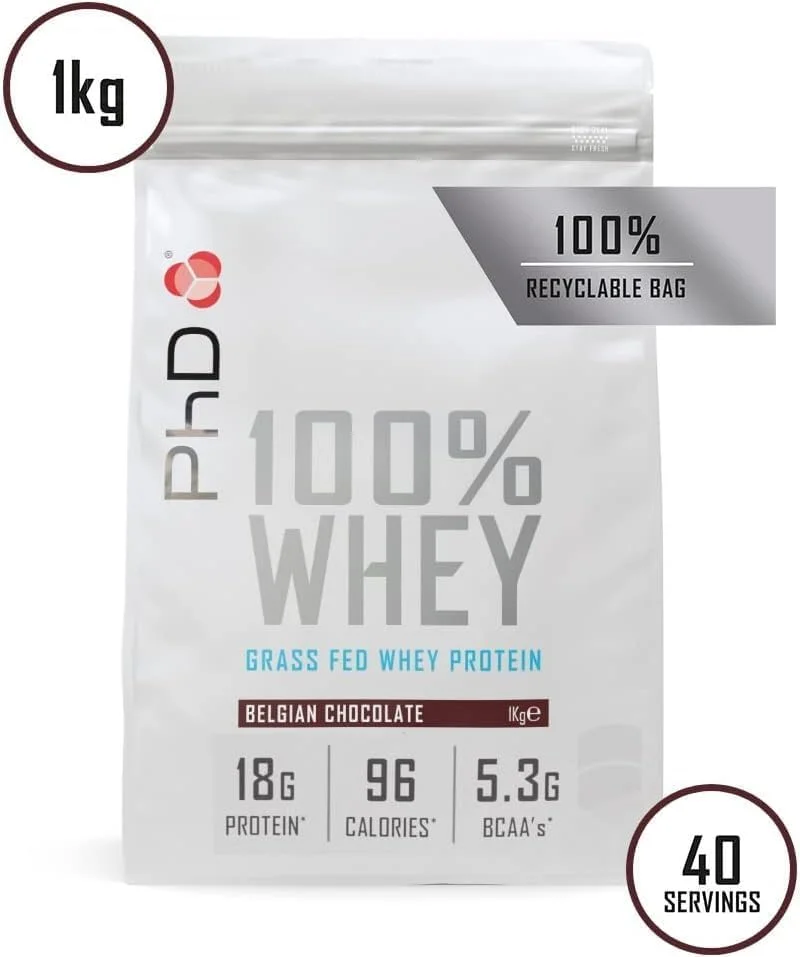 پروتئین وی 100% PhD Nutrition - پودر پروتئین وی تهیه شده از شیر گاو تغذیه شده با علف، 18 گرم پروتئین و 5.3 گرم BCAA در هر وعده، شیک پروتئینی شکلات بلژیکی کم کالری، 40 وعده، 1 کیلوگرم پروتئین وی 100% PhD Nutrition - پودر پروتئین وی تهیه شده از شیر گاو تغذیه شده با علف، 18 گرم پروتئین و 5.3 گرم BCAA در هر وعده، شیک پروتئینی شکلات بلژیکی کم کالری، 40 وعده، 1 کیلوگرم