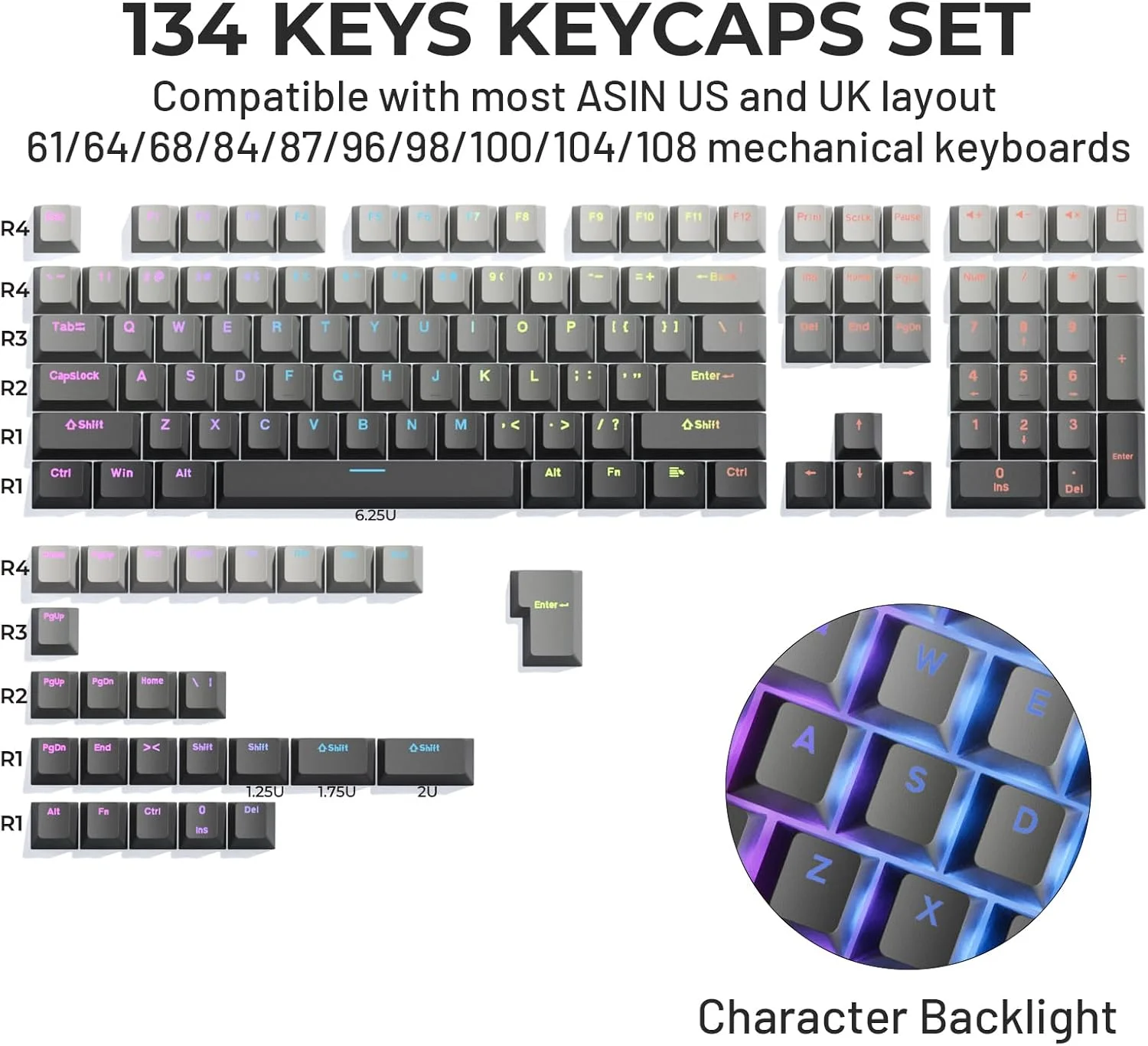 کلیدهای کیبورد XVX Shine Through PBT، ست کامل کلیدهای کیبورد 60 75 100 درصد با پروفایل OEM، ست کلیدهای سفارشی دابل شات مناسب برای کیبوردهای مکانیکی گیمینگ 61/64/68/84/87/100/104/108، گرادینت خاکستری