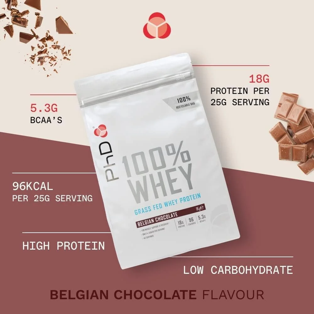 پروتئین وی 100% PhD Nutrition - پودر پروتئین وی تهیه شده از شیر گاو تغذیه شده با علف، 18 گرم پروتئین و 5.3 گرم BCAA در هر وعده، شیک پروتئینی شکلات بلژیکی کم کالری، 40 وعده، 1 کیلوگرم پروتئین وی 100% PhD Nutrition - پودر پروتئین وی تهیه شده از شیر گاو تغذیه شده با علف، 18 گرم پروتئین و 5.3 گرم BCAA در هر وعده، شیک پروتئینی شکلات بلژیکی کم کالری، 40 وعده، 1 کیلوگرم