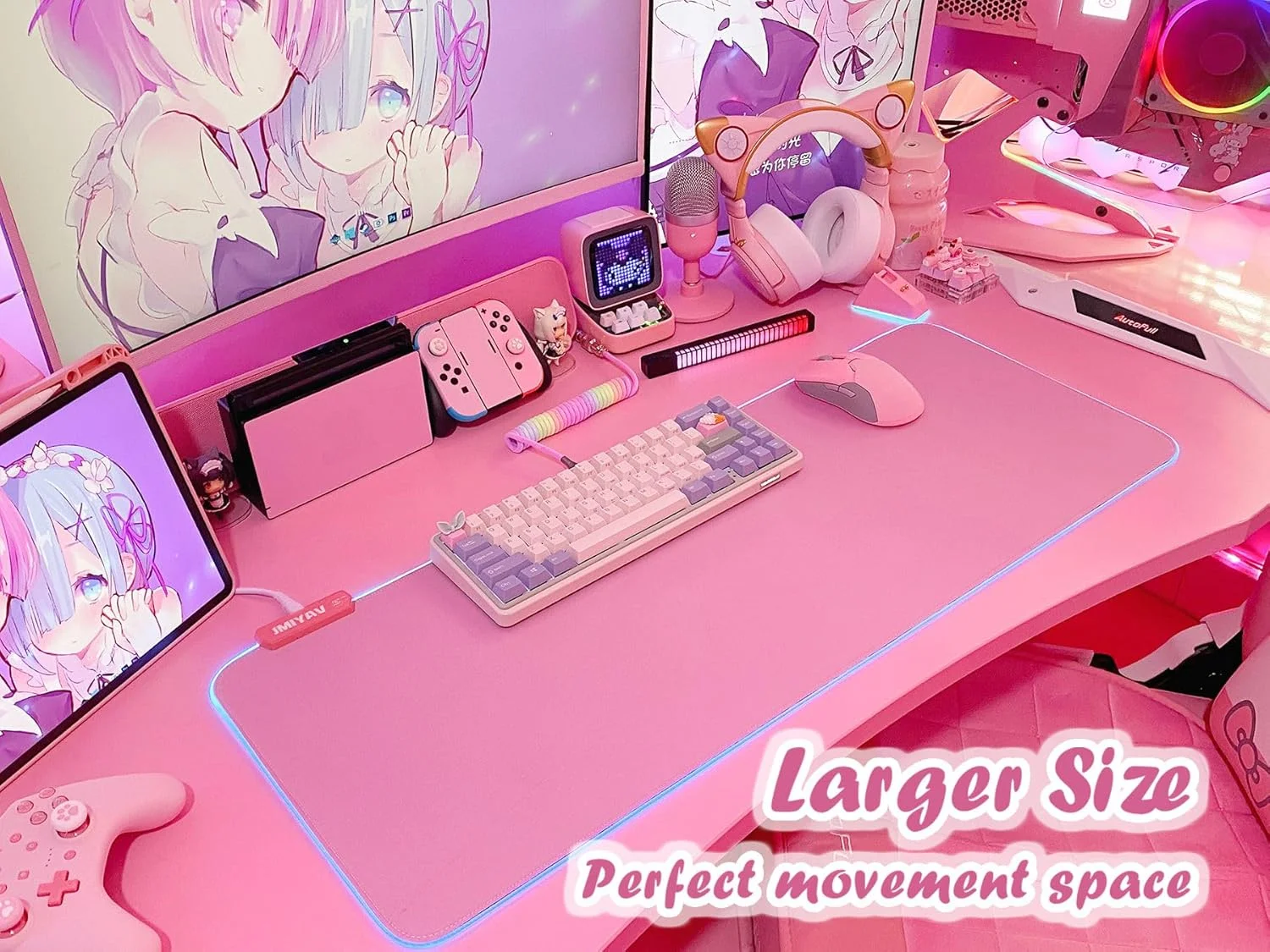 ماوس پد گیمینگ RGB صورتی JMIYAV سایز 31.5x12 اینچ، پد بزرگ و گسترده نورانی LED برای کامپیوتر، پایه لاستیکی ضد لغزش، لوازم جانبی میز پد ماوس زیبا برای میز گیمینگ، سایز 31.5x12 اینچ