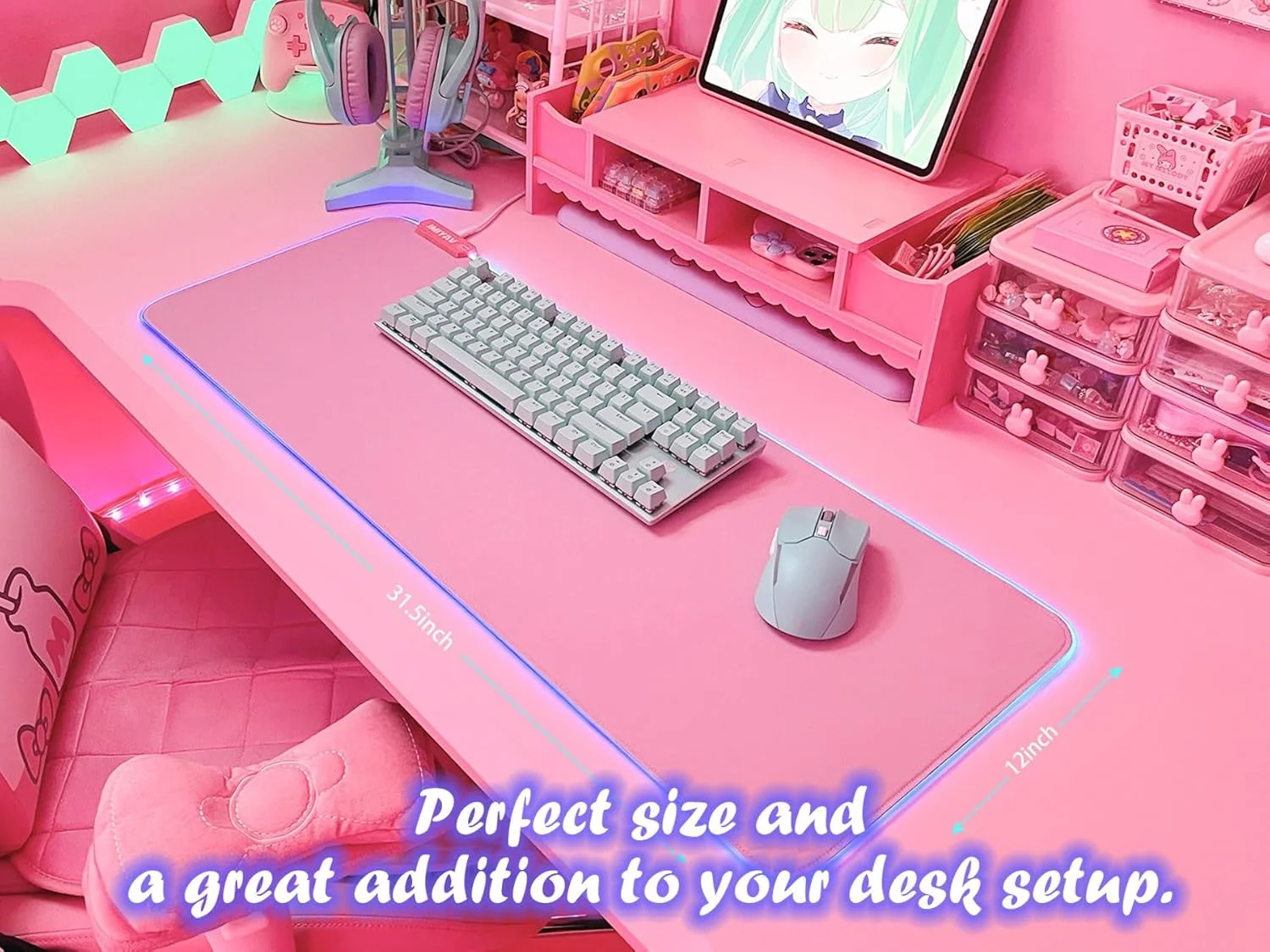 ماوس پد گیمینگ RGB صورتی JMIYAV سایز 31.5x12 اینچ، پد بزرگ و گسترده نورانی LED برای کامپیوتر، پایه لاستیکی ضد لغزش، لوازم جانبی میز پد ماوس زیبا برای میز گیمینگ، سایز 31.5x12 اینچ