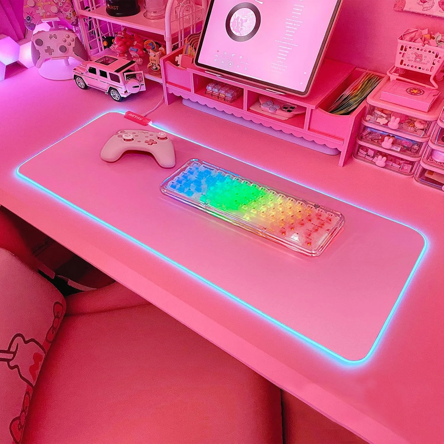ماوس پد گیمینگ RGB صورتی JMIYAV، سایز بزرگ 31.5x12 اینچ، پد میز نورانی LED با قابلیت گسترش، پایه لاستیکی ضد لغزش، پد ماوس کامپیوتر زیبا، لوازم جانبی میز، مناسب برای ست آپ گیمینگ، سایز 31.5x12 اینچ
