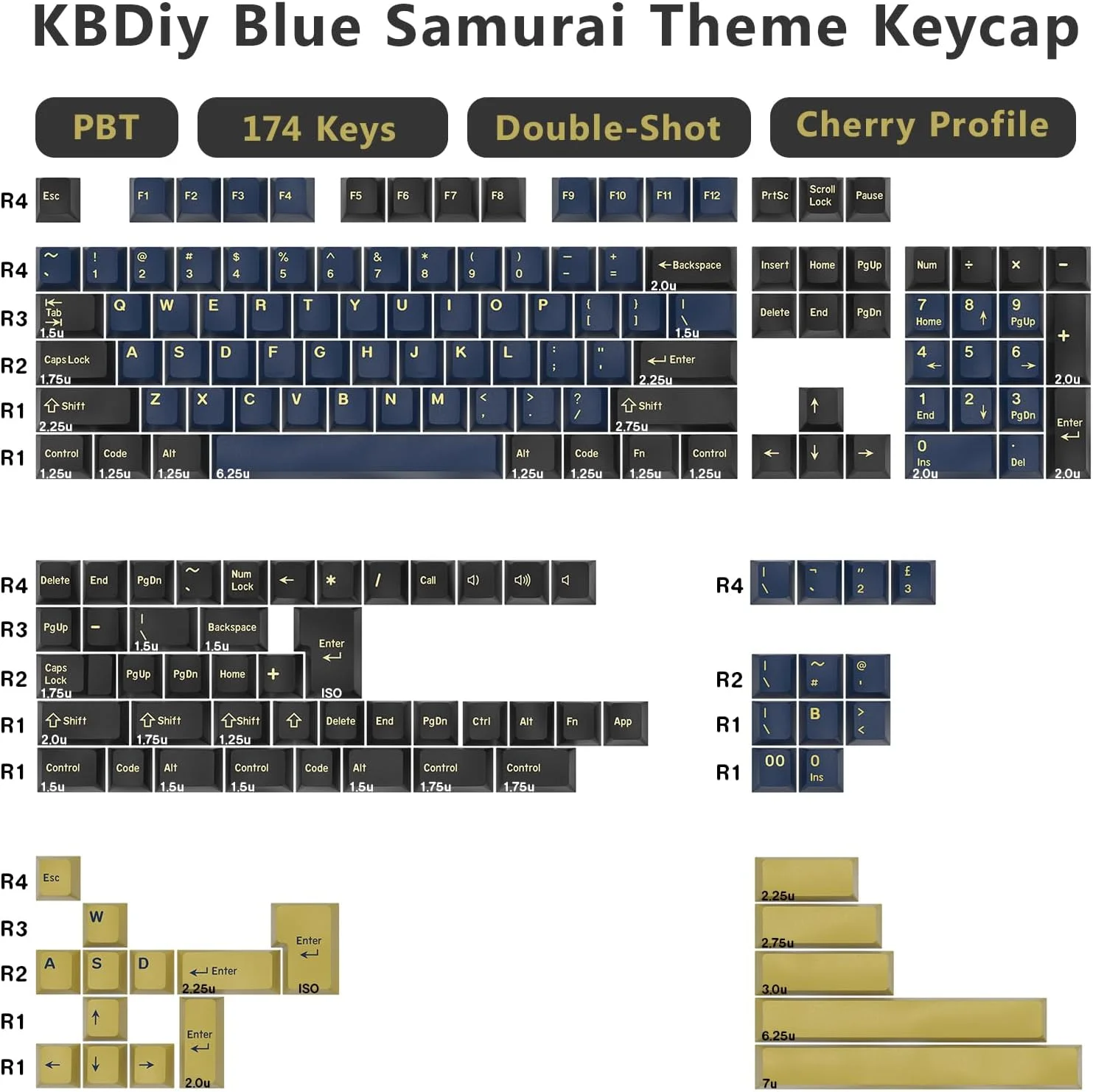 ست کیکپ های سفارشی KBDiy Blue Samurai PBT Double Shot، 174 کلید کیکپ های بازی رترو پروفایل Cherry برای کیبوردهای مکانیکی 61/64/68/84/87/100/104/108 ست کیکپ های سفارشی KBDiy Blue Samurai PBT Double Shot، 174 کلید کیکپ های بازی رترو پروفایل Cherry برای کیبوردهای مکانیکی 61/64/68/84/87/100/104/108