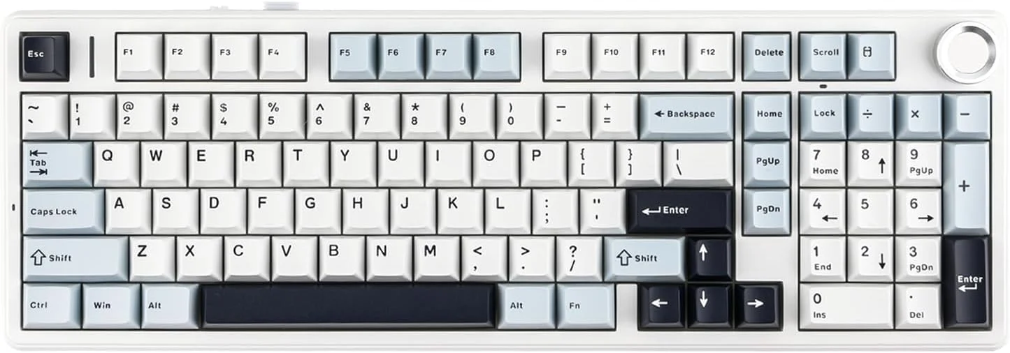 کیبورد مکانیکی 96% MechLands Aula F99 PRO، کیبورد گیمینگ بی‌سیم BT5.0/USB-C/2.4GHz، کیبورد سفارشی گسکت هات سواپ با باتری 8000mAh، دکمه چرخشی، نور پس زمینه RGB برای ویندوز/مک (سفید آبی)