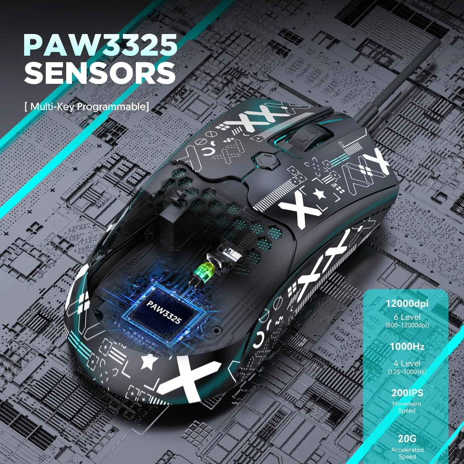موس گیمینگ سیم دار فوق سبک KUIYN 383 PRO M5، بدنه لانه زنبوری سبک وزن، Pixart PAW3325، 6 DPI قابل تنظیم 12000، 26 نور پس زمینه RGB، 65 گرم، موس اپتیکال USB مدل O برای Win11/Xbox/PS/Mac موس گیمینگ سیم دار فوق سبک KUIYN 383 PRO M5، بدنه لانه زنبوری سبک وزن، Pixart PAW3325، 6 DPI قابل تنظیم 12000، 26 نور پس زمینه RGB، 65 گرم، موس اپتیکال USB مدل O برای Win11/Xbox/PS/Mac