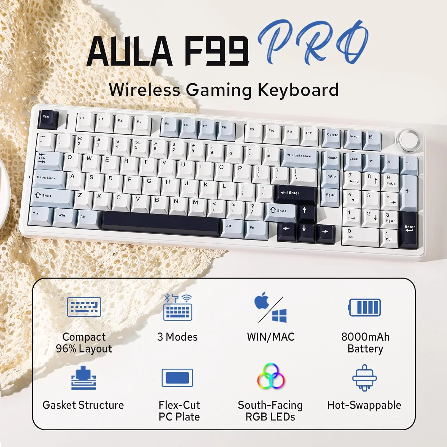 کیبورد مکانیکی 96% MechLands Aula F99 PRO، کیبورد گیمینگ بیسیم BT5.0/USB-C/2.4GHz، کیبورد سفارشی گسکت هات سواپ با باتری 8000mAh، دکمه چرخشی، نور پس زمینه RGB برای ویندوز/مک (سفید آبی) کیبورد مکانیکی 96% MechLands Aula F99 PRO، کیبورد گیمینگ بیسیم BT5.0/USB-C/2.4GHz، کیبورد سفارشی گسکت هات سواپ با باتری 8000mAh، دکمه چرخشی، نور پس زمینه RGB برای ویندوز/مک (سفید آبی)