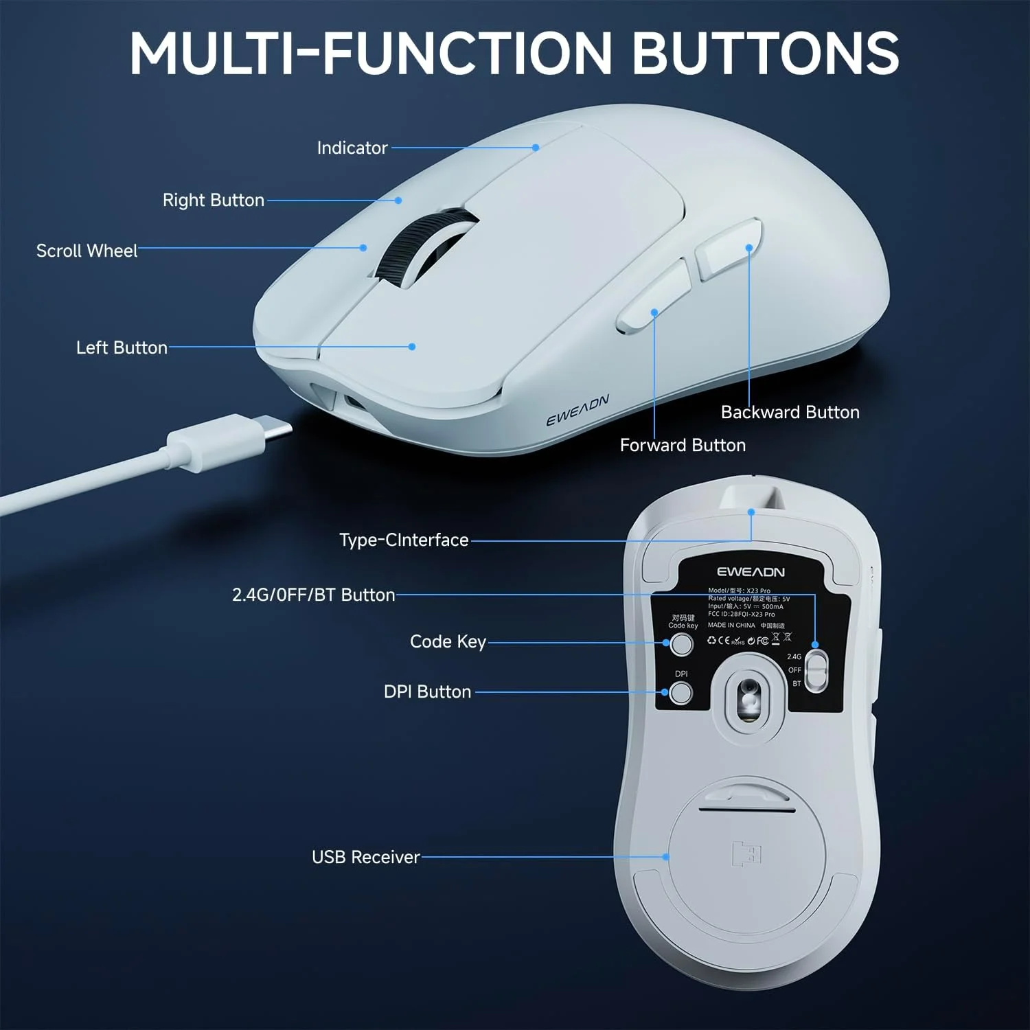 موس گیمینگ بیسیم SEUNKWANG EWEADN X23Pro، موس گیمینگ اسپورت 2.4G/BT5.0/USB-C، موس گیمینگ سبک وزن 49 گرمی، موس بیسیم 12000 DPI با 6 دکمه قابل برنامهریزی، برای لپتاپ/کامپیوتر/مک، سفید موس گیمینگ بیسیم SEUNKWANG EWEADN X23Pro، موس گیمینگ اسپورت 2.4G/BT5.0/USB-C، موس گیمینگ سبک وزن 49 گرمی، موس بیسیم 12000 DPI با 6 دکمه قابل برنامهریزی، برای لپتاپ/کامپیوتر/مک، سفید