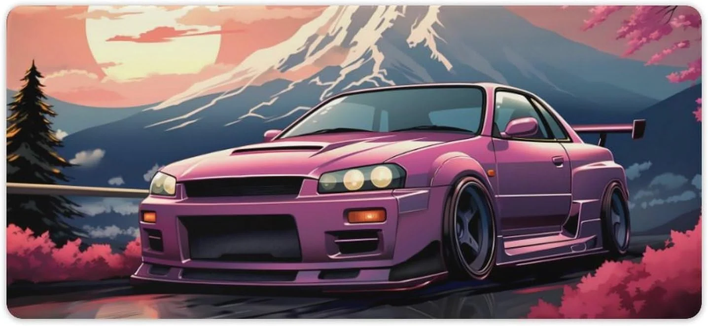 ماوس پد بزرگ گیمینگ FeoYoed صورتی رنگ با طرح خودروی JDM R35، کوه برفی، غروب آفتاب و شکوفه های گیلاس، زیره لاستیکی ضد لغزش، لوازم جانبی کامپیوتر برای دفاتر و گیمینگ، ابعاد 40x90 سانتی متر
