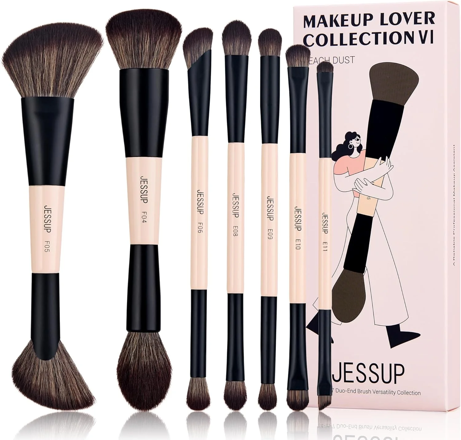 ست براش آرایشی Jessup مدل 14-in-7 دو طرفه برای کرم پودر، کانسیلر، رژگونه، سایه چشم، کانتور، برنزر، پودر، ترکیب، ابرو، خط چشم، براش های آرایشی بدون تست حیوانی رنگ Peach Dust T600