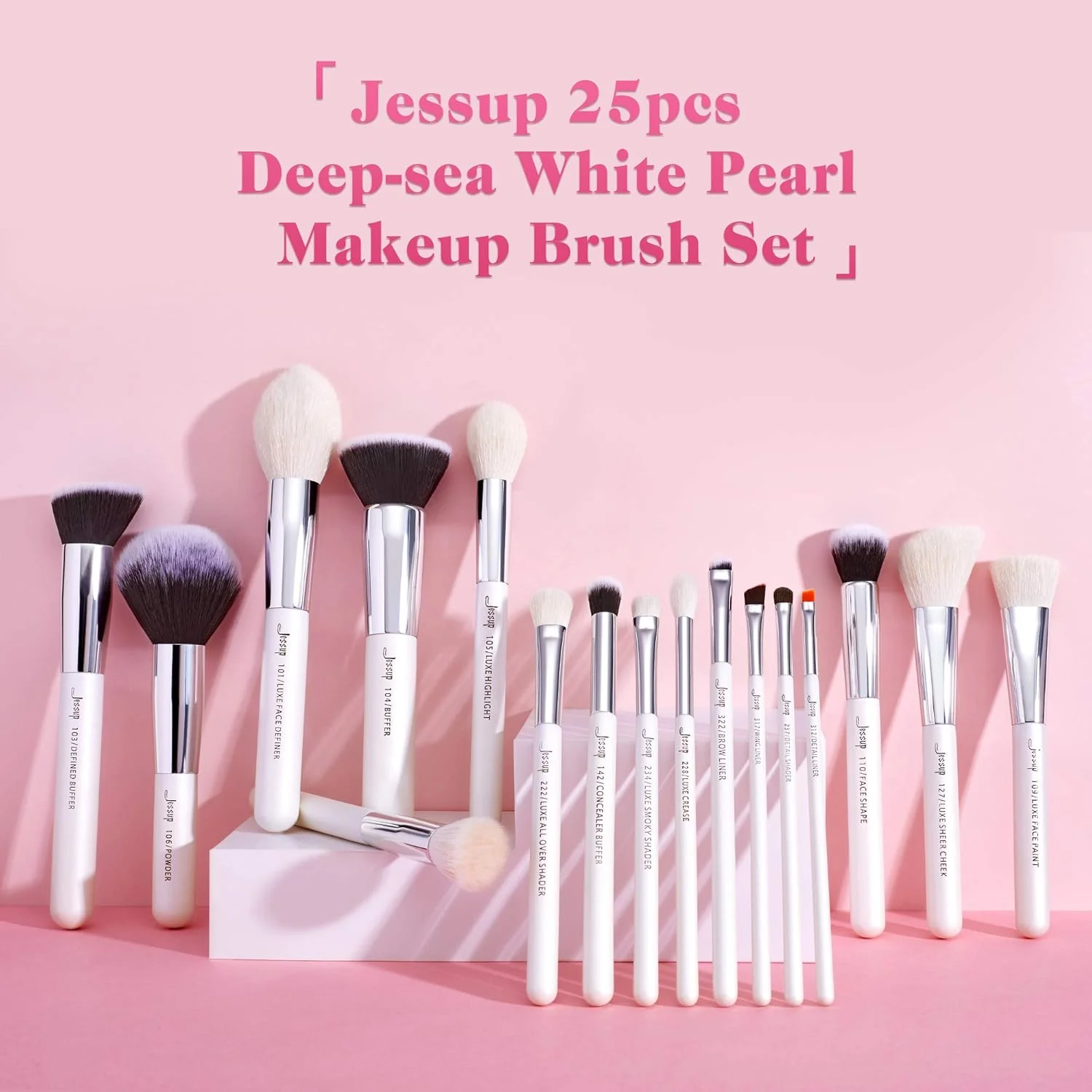 ست برس آرایشی حرفه ای 25 عددی برند Jessup، برس های آرایشی، کرم پودر، رژگونه، سایه چشم، ترکیب، هایلایتر، کانسیلر، موهای طبیعی-مصنوعی (سفید مرواریدی/نقره ای)
