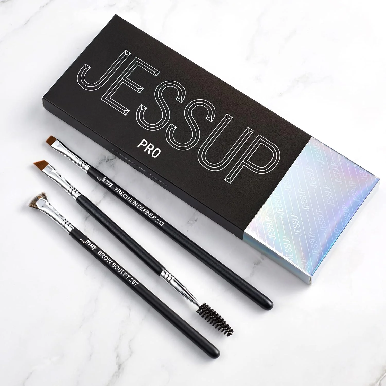 ست برس ابرو Jessup مدل T326، 3 عددی، برس آرایشی حرفه ای، مشکی نقره ای درجه یک