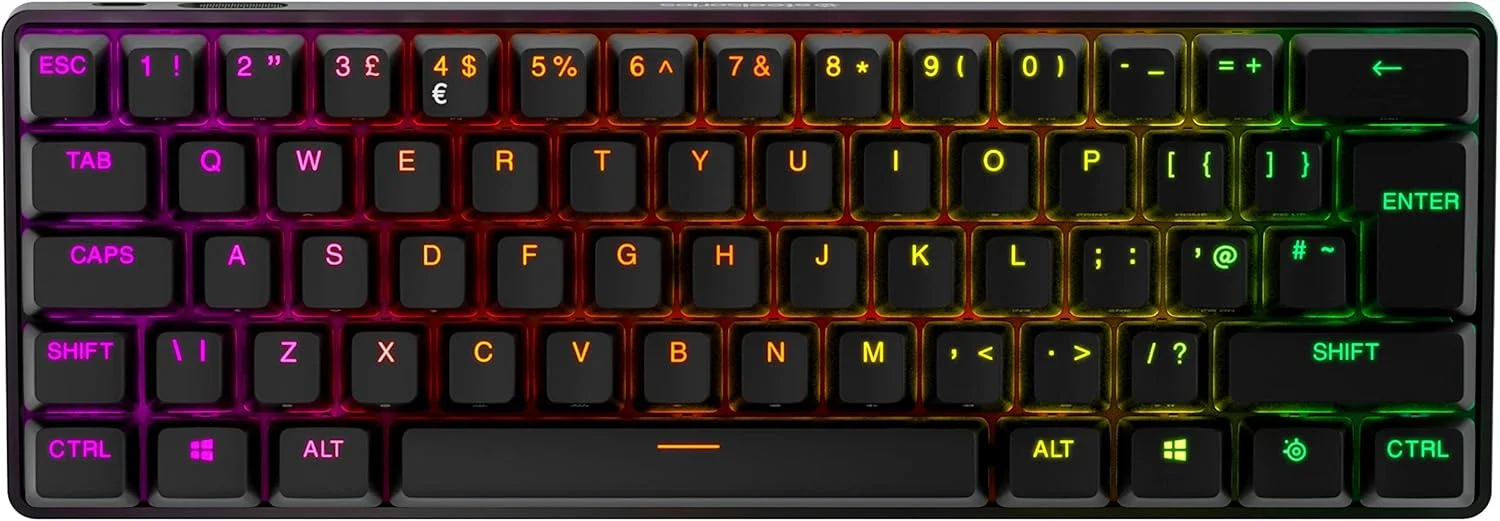 کیبورد گیمینگ بی‌سیم SteelSeries Apex Pro Mini - کیبورد گیمینگ HyperMagnetic - سریع‌ترین کیبورد جهان - فرم فاکتور جمع و جور 60% - فعال‌سازی قابل تنظیم - RGB - 2.4GHz/بلوتوث - USB-C - طرح‌بندی انگلیسی QWERTY