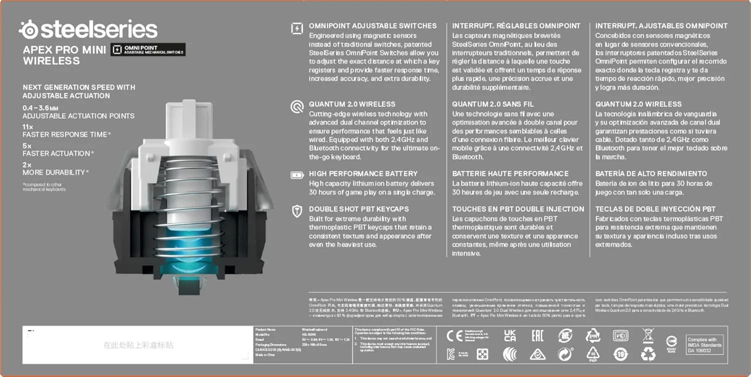 کیبورد گیمینگ بی‌سیم SteelSeries Apex Pro Mini - کیبورد گیمینگ HyperMagnetic - سریع‌ترین کیبورد جهان - فرم فاکتور جمع و جور 60% - فعال‌سازی قابل تنظیم - RGB - 2.4GHz/بلوتوث - USB-C - طرح‌بندی انگلیسی QWERTY