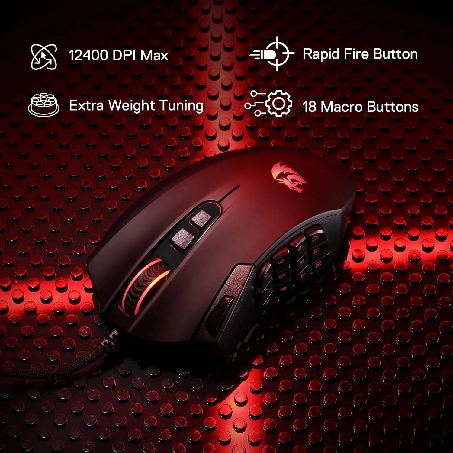 موس گیمینگ MMO رداگون M921، موس RGB سیمی با دقت بالا 12400 DPI با 18 دکمه قابل برنامه ریزی، 12 کلید ماکرو جانبی، پشتیبانی نرم افزاری برای لپ تاپ PC موس گیمینگ MMO رداگون M921، موس RGB سیمی با دقت بالا 12400 DPI با 18 دکمه قابل برنامه ریزی، 12 کلید ماکرو جانبی، پشتیبانی نرم افزاری برای لپ تاپ PC