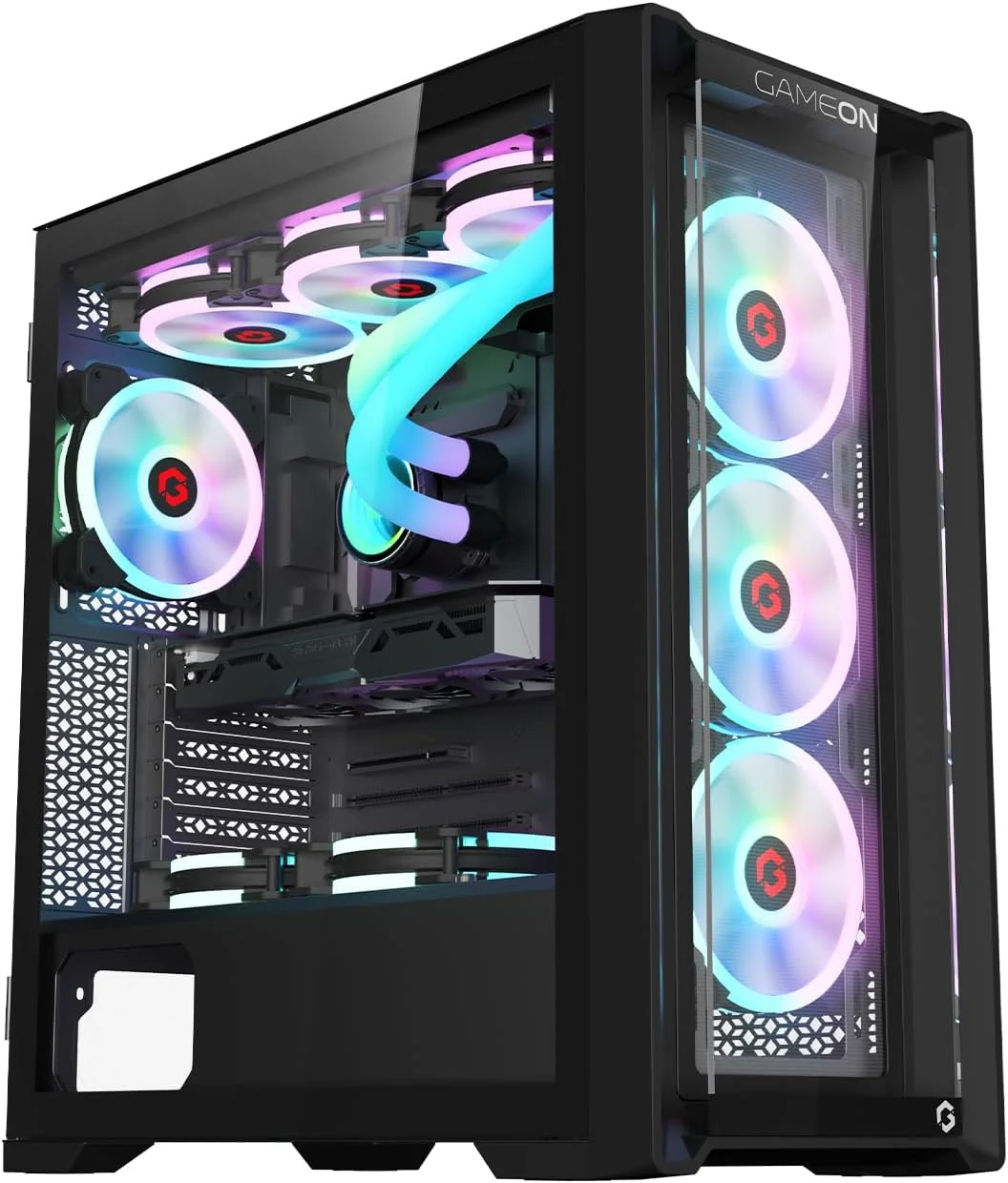 کیس گیمینگ مید تاور GAMEON Vortex Midnight Series، نورپردازی ARGB+PWM، شیشه حرارت دیده 0.8 میلی‌متری، فن‌های از پیش نصب شده، فیلترهای گرد و غبار، سازگاری گسترده با مادربرد، مشکی