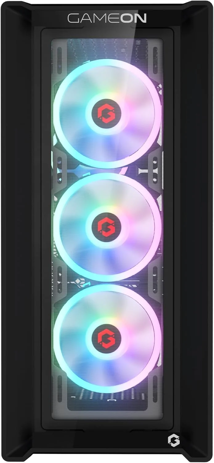 کیس گیمینگ مید تاور GAMEON Vortex Midnight Series، نورپردازی ARGB+PWM، شیشه حرارت دیده 0.8 میلی‌متری، فن‌های از پیش نصب شده، فیلترهای گرد و غبار، سازگاری گسترده با مادربرد، مشکی