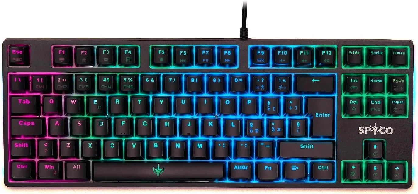 کیبورد گیمینگ SPYCO Challenge KE-112، نور پس زمینه LED RGB، 87 کلید با کلیدهای ABS، سوئیچ های قهوه ای Outemu، پیکربندی کامل Anti-Ghosting