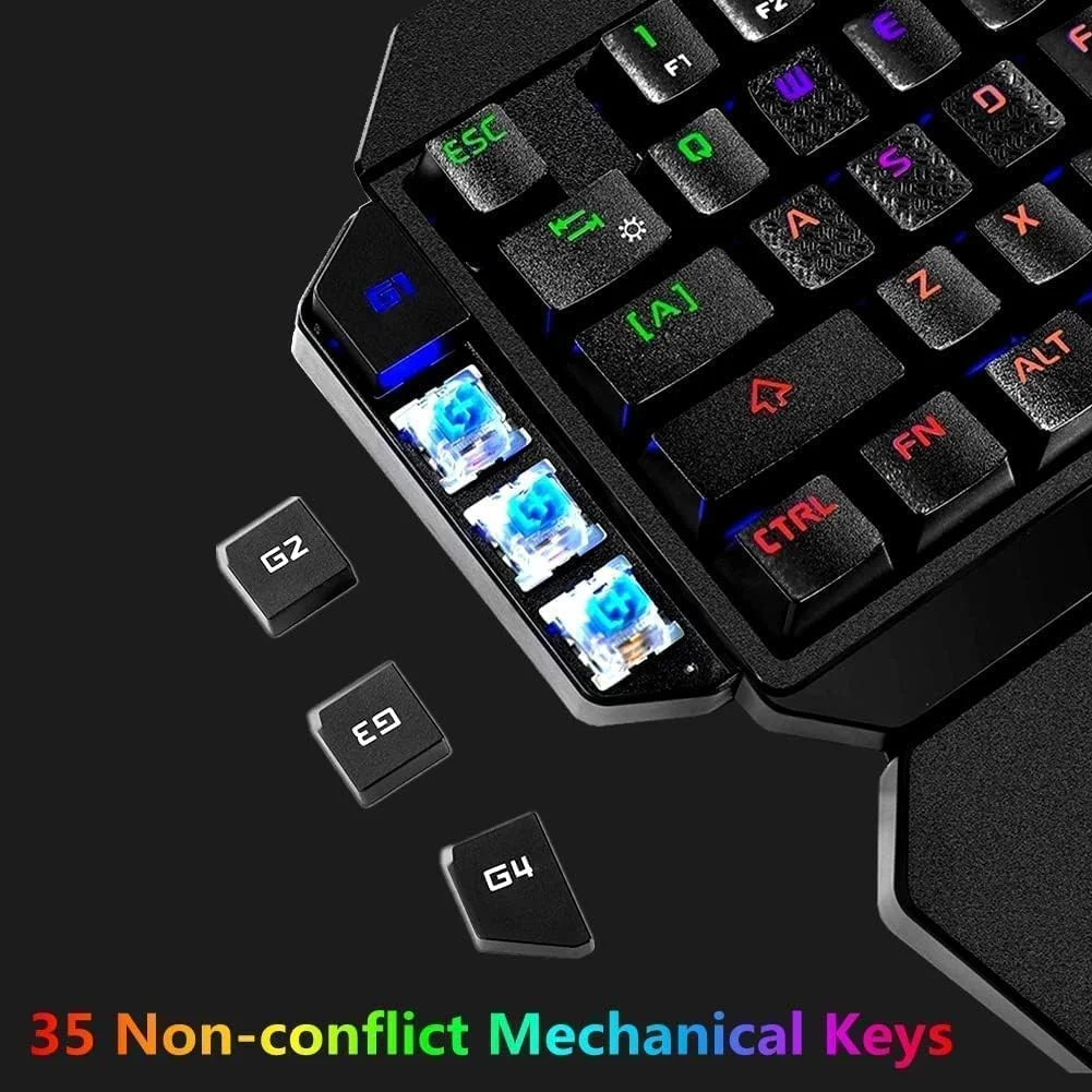 کیبورد مکانیکی RGB یک دستی، کیبورد گیمینگ ارگونومیک نیمه 35 کلید با نور پس زمینه رنگین کمانی، صفحه کلید گیمینگ سیمی، صفحه کلید کوچک USB، کنترلر بازی تک دستی، با پشتیبانی مچ دست کیبورد مکانیکی RGB یک دستی، کیبورد گیمینگ ارگونومیک نیمه 35 کلید با نور پس زمینه رنگین کمانی، صفحه کلید گیمینگ سیمی، صفحه کلید کوچک USB، کنترلر بازی تک دستی، با پشتیبانی مچ دست