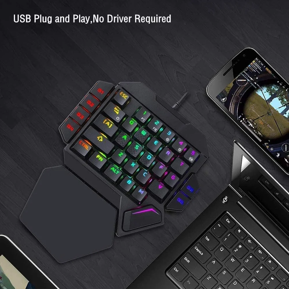 کیبورد مکانیکی RGB یک دستی، کیبورد گیمینگ ارگونومیک نیمه 35 کلید با نور پس زمینه رنگین کمانی، صفحه کلید گیمینگ سیمی، صفحه کلید کوچک USB، کنترلر بازی تک دستی، با پشتیبانی مچ دست کیبورد مکانیکی RGB یک دستی، کیبورد گیمینگ ارگونومیک نیمه 35 کلید با نور پس زمینه رنگین کمانی، صفحه کلید گیمینگ سیمی، صفحه کلید کوچک USB، کنترلر بازی تک دستی، با پشتیبانی مچ دست