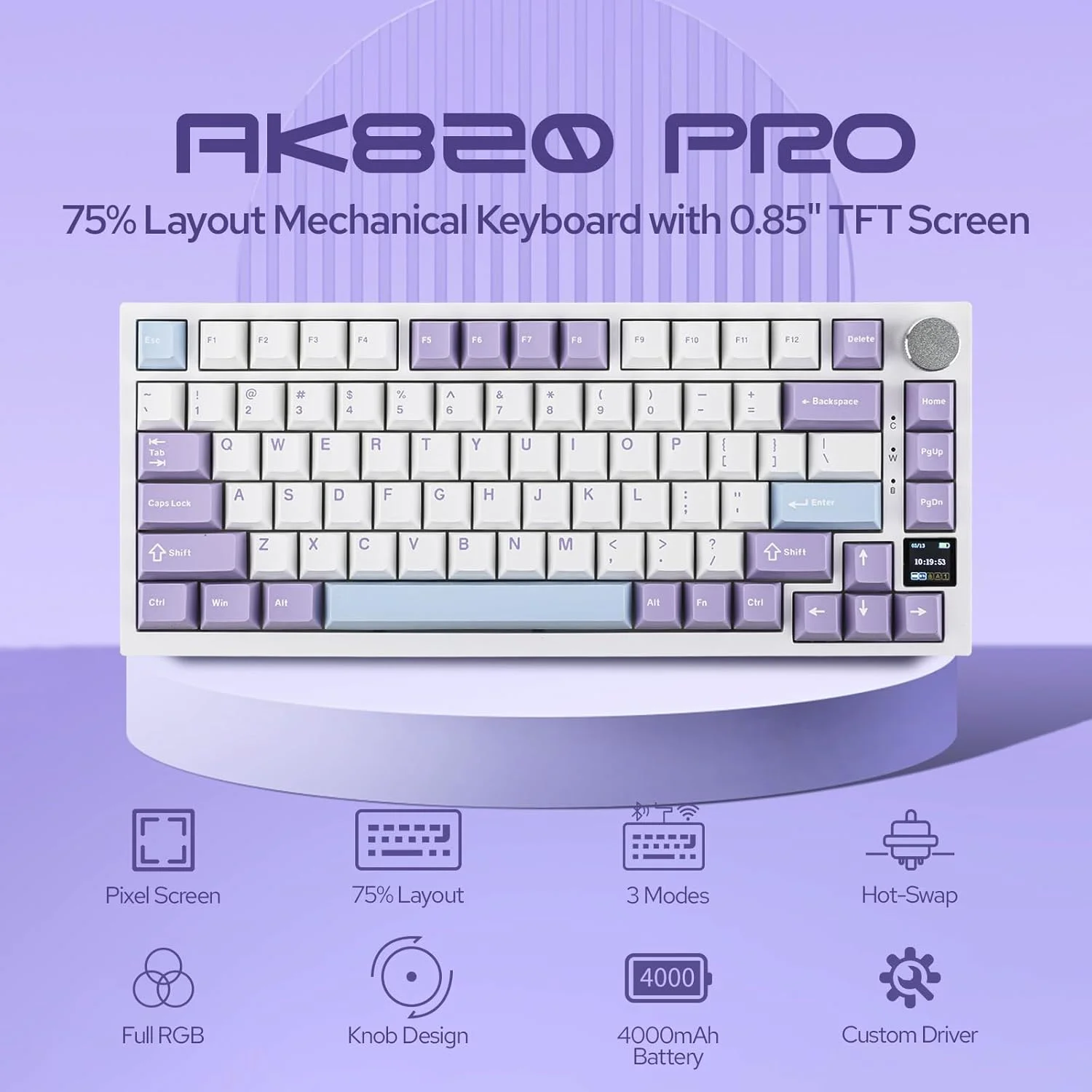 کیبورد مکانیکی 75% با قابلیت نصب گسکت EPOMAKER Ajazz AK820 Pro با صفحه نمایش TFT، 3 حالت (بلوتوث 5.1/2.4G بی‌سیم و Type-C سیمی)، فوم‌های کاهش صدا (سفید بنفش، سوئیچ هدیه Ajazz)