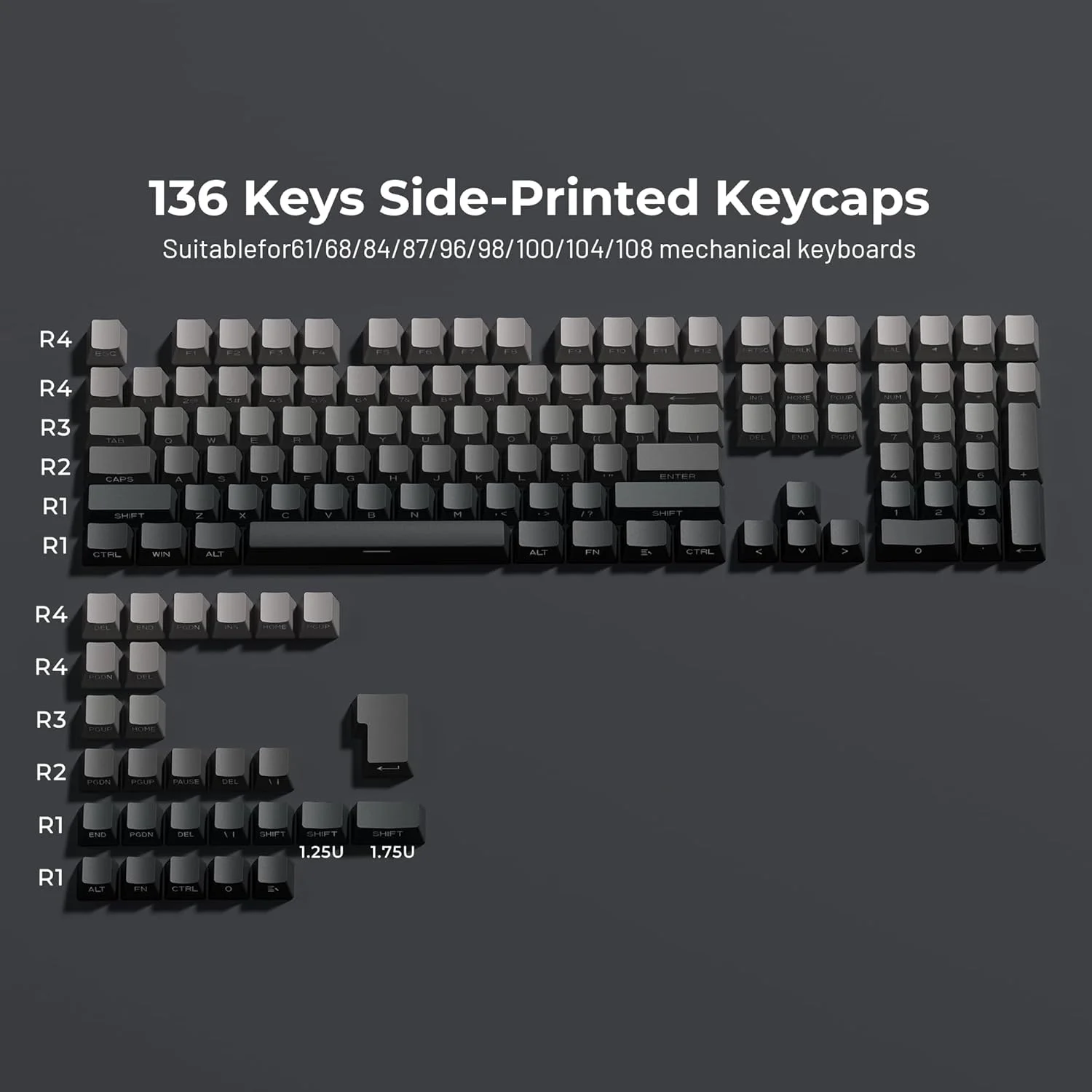 کلاهک های کلید XVX PBT، کلاهک های کلید با چاپ جانبی دوبل شات OEM Profile برای کیبوردهای گیمینگ مکانیکی 60% 65% 75% 100%، ست 136 کلید گرادیان خاکستری، برای کیبورد سوئیچ های Cherry Gateron MX کلاهک های کلید XVX PBT، کلاهک های کلید با چاپ جانبی دوبل شات OEM Profile برای کیبوردهای گیمینگ مکانیکی 60% 65% 75% 100%، ست 136 کلید گرادیان خاکستری، برای کیبورد سوئیچ های Cherry Gateron MX