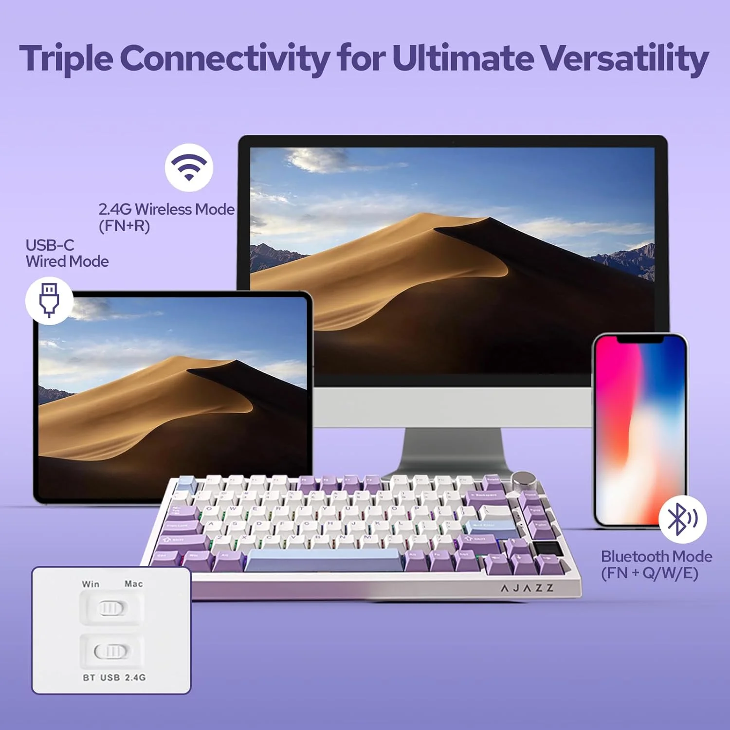 کیبورد مکانیکی 75% با قابلیت نصب گسکت EPOMAKER Ajazz AK820 Pro با صفحه نمایش TFT، 3 حالت (بلوتوث 5.1/2.4G بی‌سیم و Type-C سیمی)، فوم‌های کاهش صدا (سفید بنفش، سوئیچ هدیه Ajazz)
