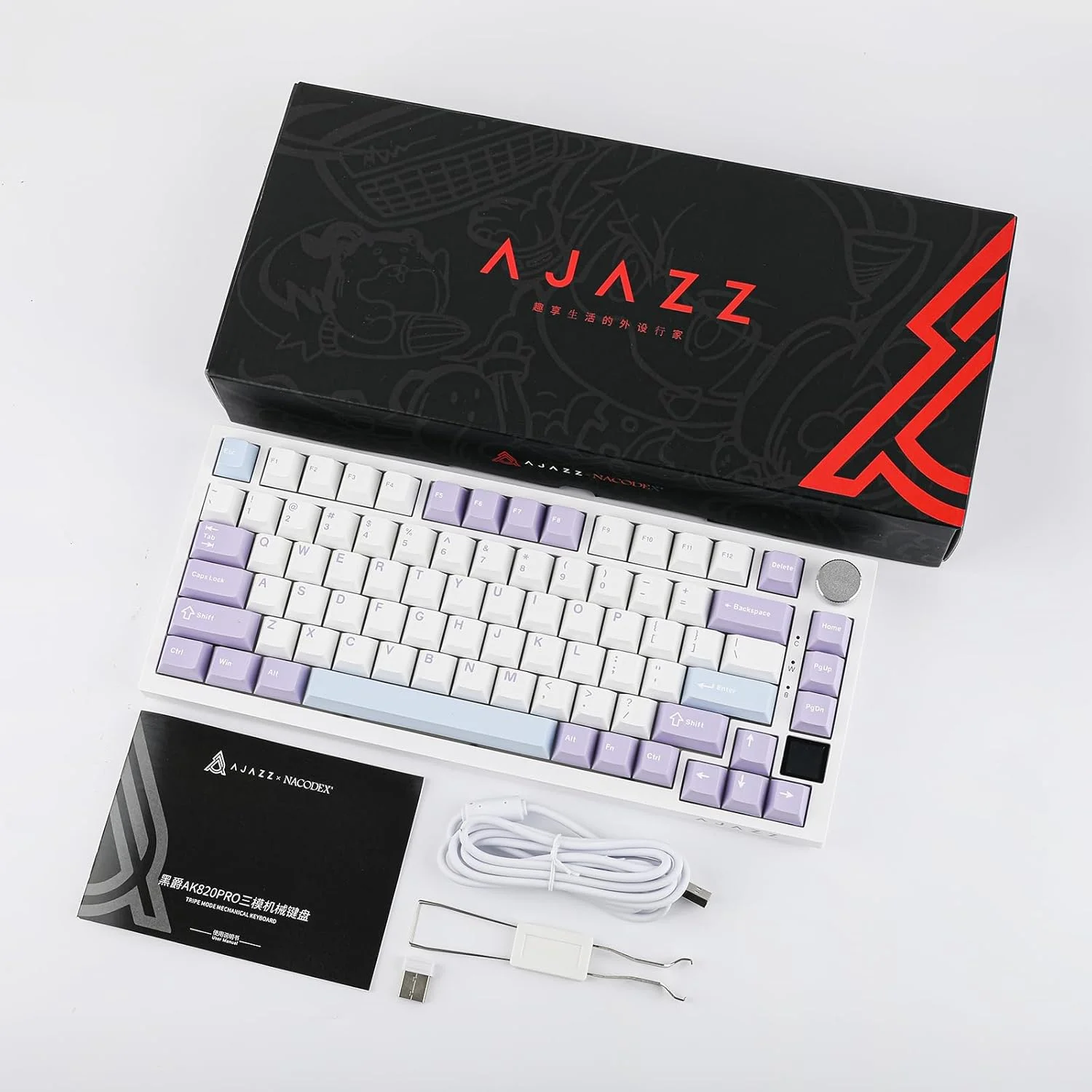 کیبورد مکانیکی 75% با قابلیت نصب گسکت EPOMAKER Ajazz AK820 Pro با صفحه نمایش TFT، 3 حالت (بلوتوث 5.1/2.4G بی‌سیم و Type-C سیمی)، فوم‌های کاهش صدا (سفید بنفش، سوئیچ هدیه Ajazz)