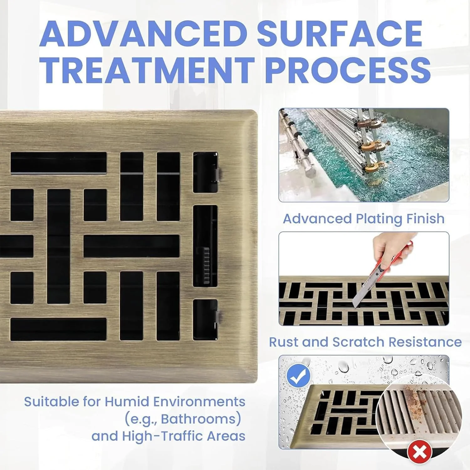 دریچه هوا فروشگاه THE WHITE SHOP، توری های تزئینی 2 × 12 اینچی، توری تهویه کف شرقی، پوشش توری پرداخت شده برنز شرقی، پوشش گردش هوا، پرداخت برنجی عتیقه