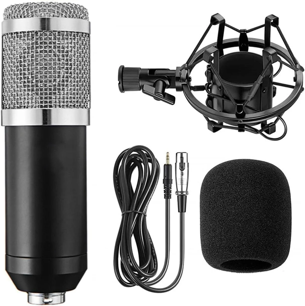 میکروفون ضبط صدا خازنی eWINNER BM-800 به همراه لرزه گیر میکروفون، ایده آل برای استودیو پخش رادیویی، استودیو صداگذاری، ضبط صدا، تجهیزات صوتی بازی های ویدیویی (مشکی و نقره ای)