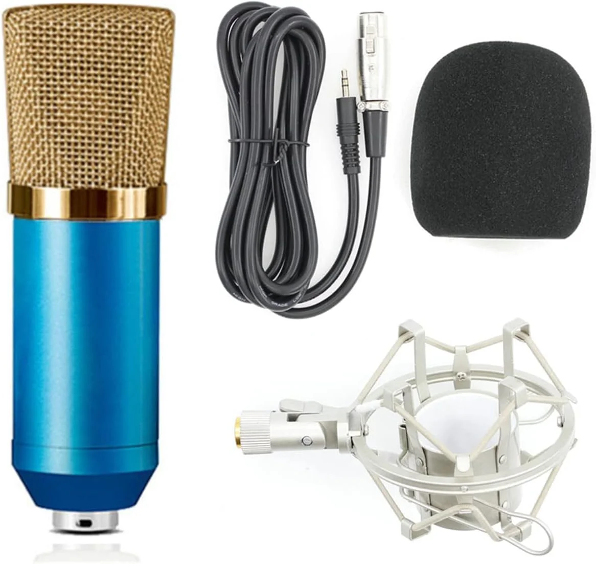 میکروفون کندانسور سیم دار KTV کارائوکه eWINNER BM700 با جک 3.5 میلی متری، مناسب استودیو ضبط صدا، به همراه لرزه گیر و فوم ضد باد برای ایستگاه های پخش کامپیوتری و اجراهای صحنه ای (آبی/طلایی)