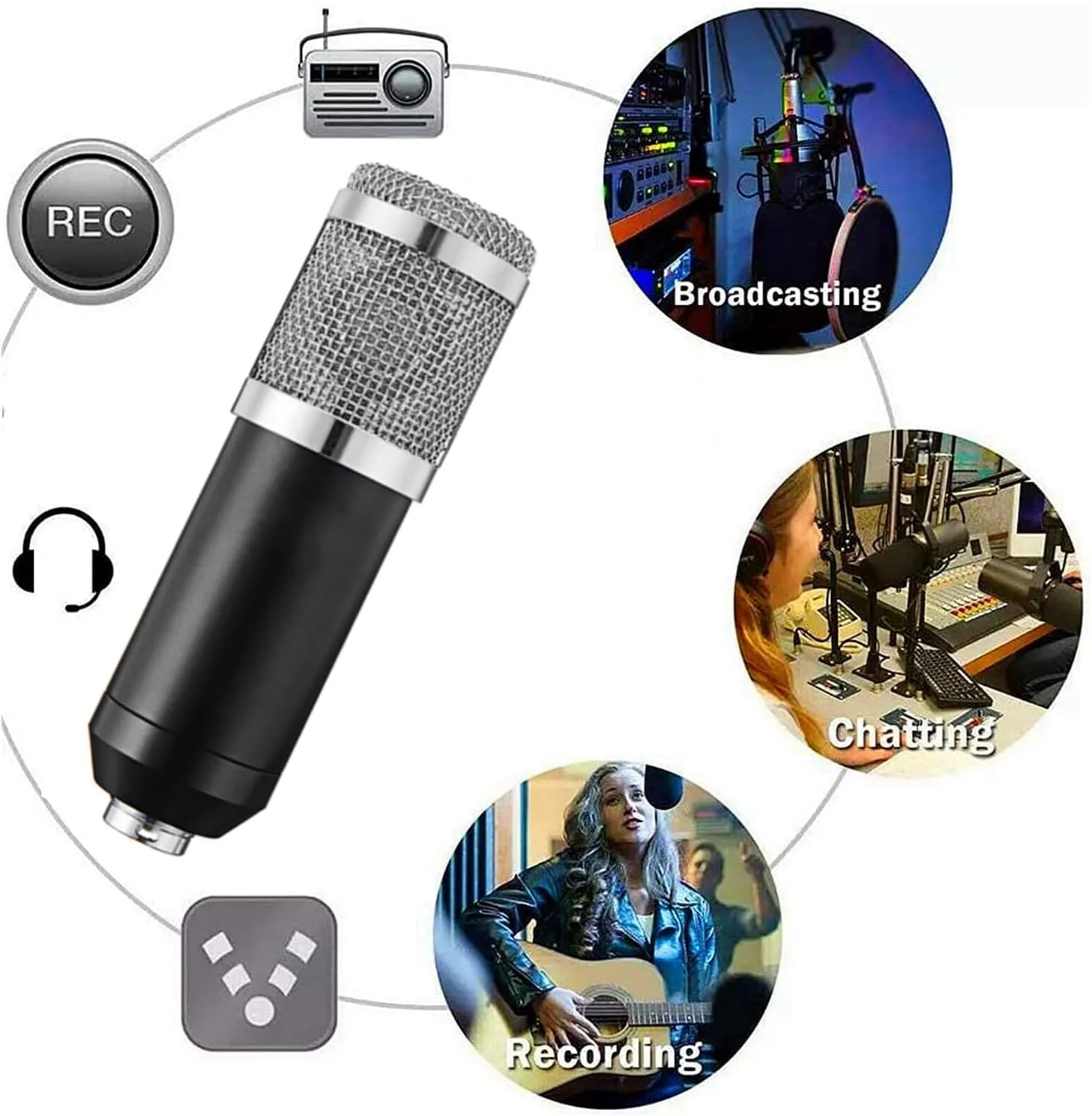 میکروفون ضبط صدا خازنی eWINNER BM-800 به همراه لرزه گیر میکروفون، ایده آل برای استودیو پخش رادیویی، استودیو صداگذاری، ضبط صدا، تجهیزات صوتی بازی های ویدیویی (مشکی و نقره ای)