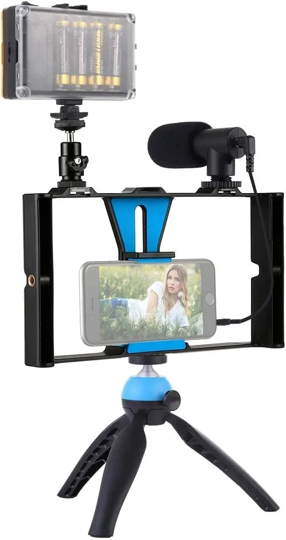 کیت ریگ فیلمبرداری گوشی هوشمند eWINNER شامل قفس گوشی هوشمند با 3 پایه کفشک سرد + چراغ های LED فیلمبرداری + میکروفون با پایه ضد لرزش و بادگیر + سه پایه رومیزی برای ضبط ویدیو، پخش زنده ولاگ