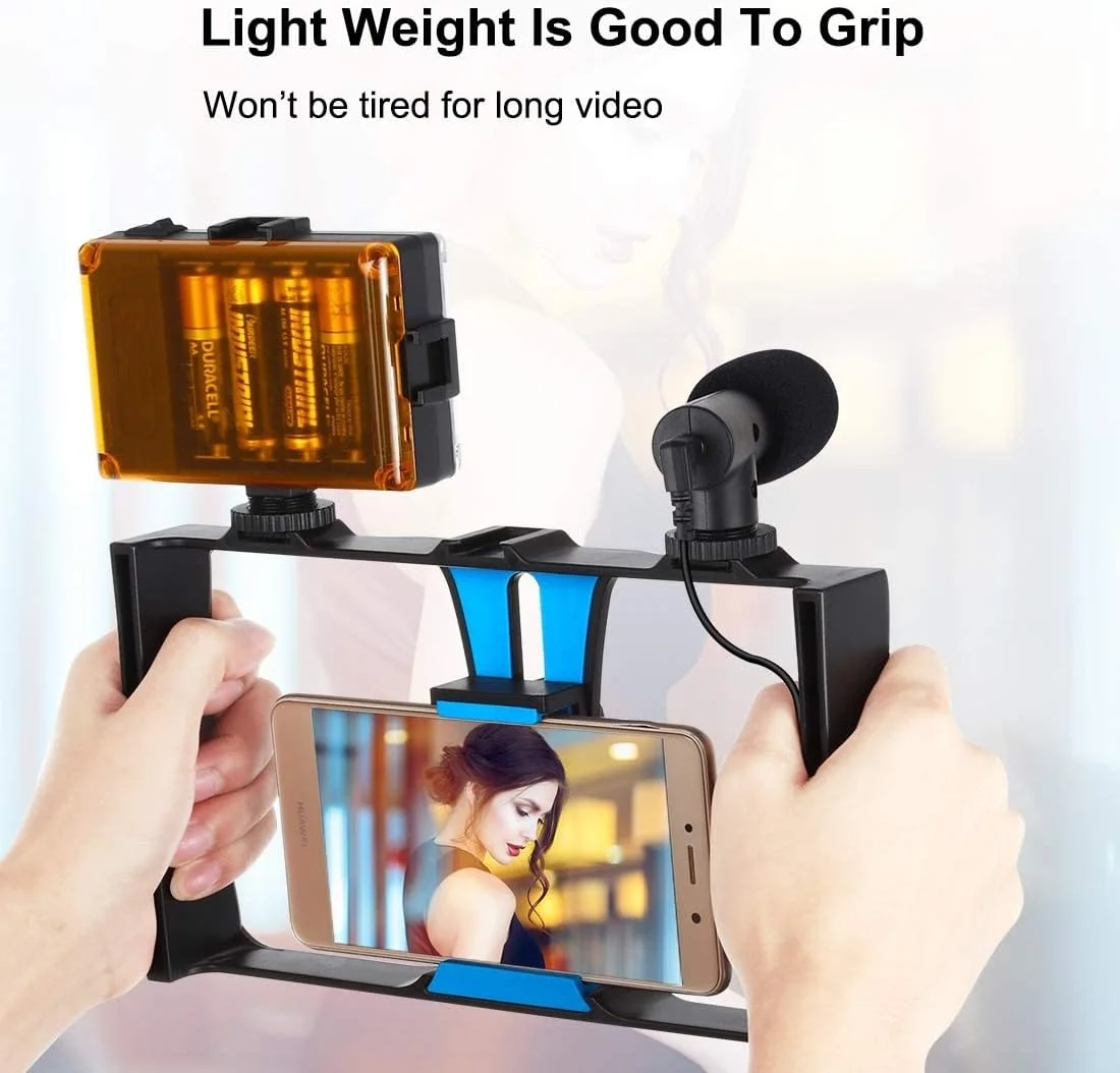 کیت ریگ فیلمبرداری گوشی هوشمند eWINNER شامل قفس گوشی هوشمند با 3 پایه کفشک سرد + چراغ های LED فیلمبرداری + میکروفون با پایه ضد لرزش و بادگیر + سه پایه رومیزی برای ضبط ویدیو، پخش زنده ولاگ
