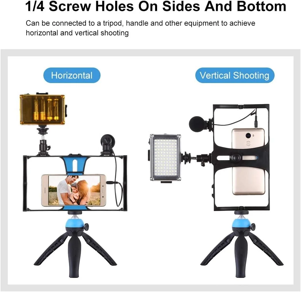 کیت ریگ فیلمبرداری گوشی هوشمند eWINNER شامل قفس گوشی هوشمند با 3 پایه کفشک سرد + چراغ های LED فیلمبرداری + میکروفون با پایه ضد لرزش و بادگیر + سه پایه رومیزی برای ضبط ویدیو، پخش زنده ولاگ