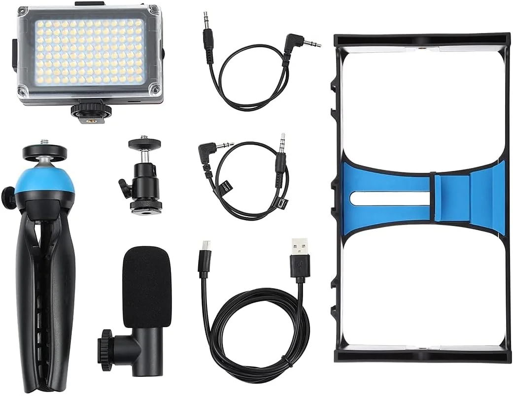 کیت ریگ فیلمبرداری گوشی هوشمند eWINNER شامل قفس گوشی هوشمند با 3 پایه کفشک سرد + چراغ های LED فیلمبرداری + میکروفون با پایه ضد لرزش و بادگیر + سه پایه رومیزی برای ضبط ویدیو، پخش زنده ولاگ