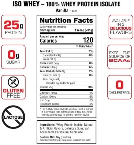 پروتئین وی ایزوله ۱۰۰٪ لابرادا ISO، بدون شکر - ۲۵ گرم پروتئین، ۲.۲۷ کیلوگرم وانیلی