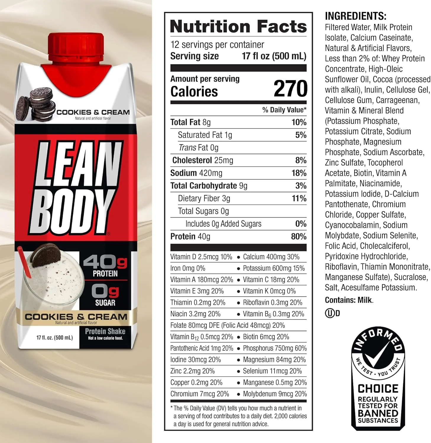 نوشیدنی پروتئینی آماده مصرف لابرادا Lean Body با طعم کوکی و خامه، 40 گرم پروتئین، ترکیب وی، بدون شکر، بدون گلوتن، 22 ویتامین و مواد معدنی، (کارتن و درب قابل بازیافت - بسته 12 عددی) نوشیدنی پروتئینی آماده مصرف لابرادا Lean Body با طعم کوکی و خامه، 40 گرم پروتئین، ترکیب وی، بدون شکر، بدون گلوتن، 22 ویتامین و مواد معدنی، (کارتن و درب قابل بازیافت - بسته 12 عددی)