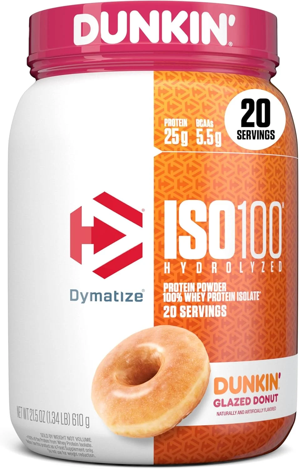 پودر پروتئین هیدرولیز شده Dymatize ISO100، 100% وی ایزوله، طعم دونات لعاب دار دانکین، 20 سروینگ، بدون گلوتن