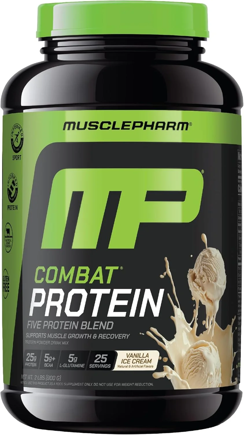 پودر پروتئین کامبت MusclePharm، طعم وانیل، سوخت رسانی به عضلات برای تمرینات سازنده، 5 منبع پروتئینی شامل پروتئین وی ایزوله و آلبومین تخم مرغ، بدون گلوتن، 2 پوند، 25 سروینگ